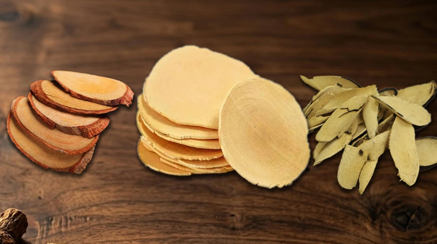 Red, Yellow, and Black Tongkat Ali root slices side by side showing color and bark differences