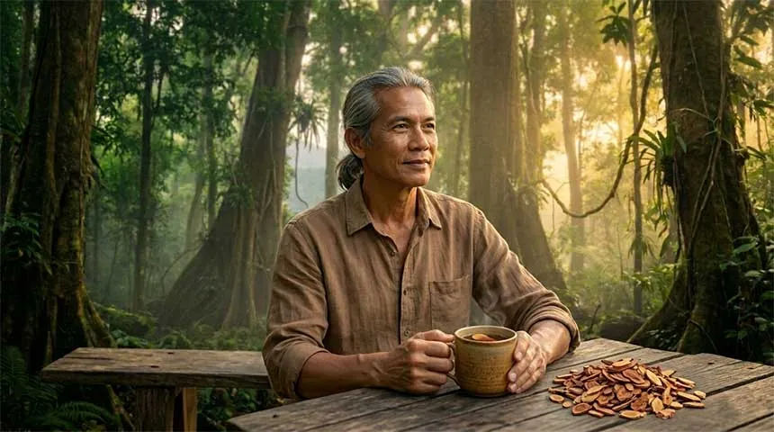 Active man in his 60s outdoors at dawn holding a ceramic mug of brewed Tongkat Ali root tea
