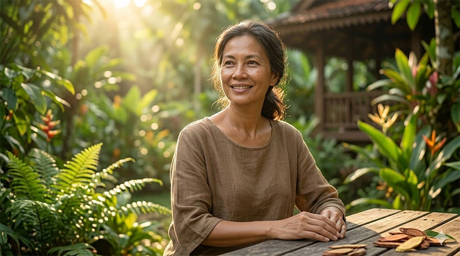 Active, healthy woman in her late 40s enjoying the outdoors — representing energy and vitality during menopause