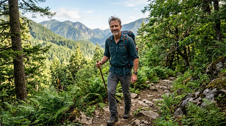 Active older man in his late 50s outdoors in nature, energetic and healthy