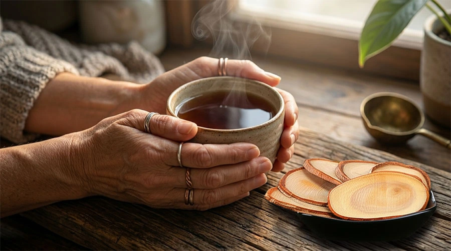 Man over 40 thoughtfully reading supplement label with a cup of herbal tea