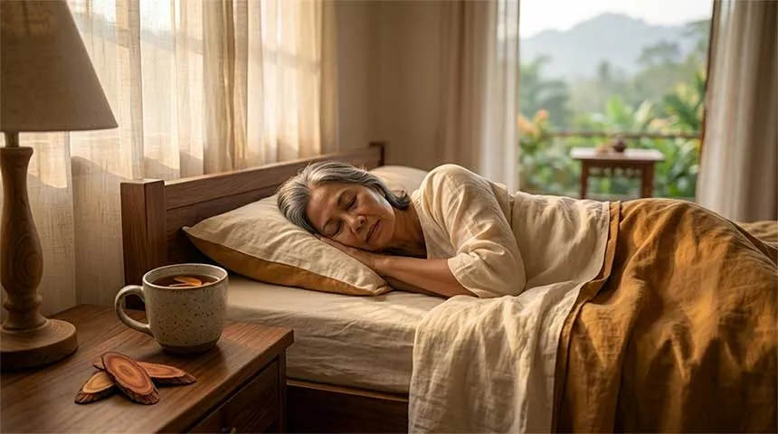 Older adult sleeping peacefully at dawn beside a ceramic mug of Tongkat Ali root tea on a wooden bedside table