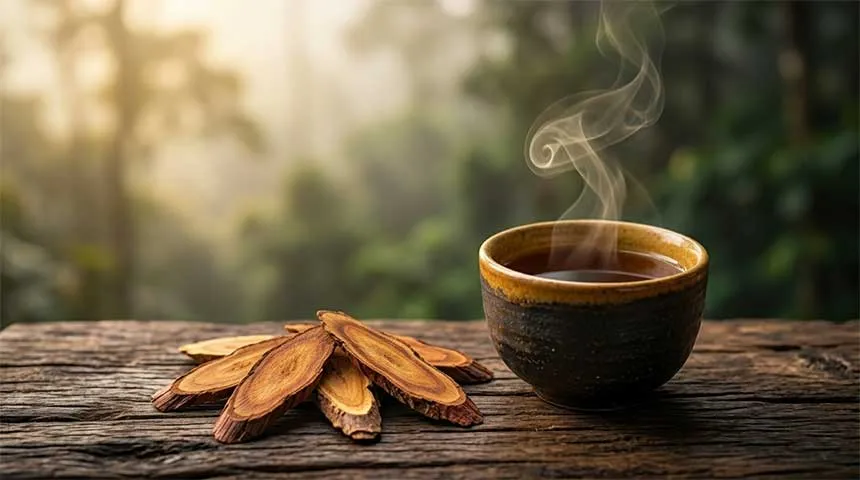 Dried Red Tongkat Ali root slices on worn wood beside a ceramic cup of amber tea at dawn