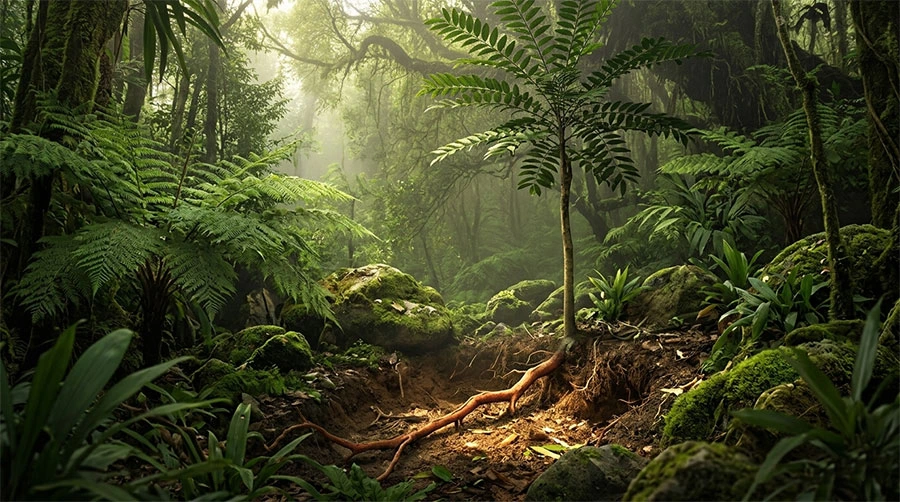 Wild Red Tongkat Ali tree with exposed roots in a misty Malaysian highland rainforest, Pahang