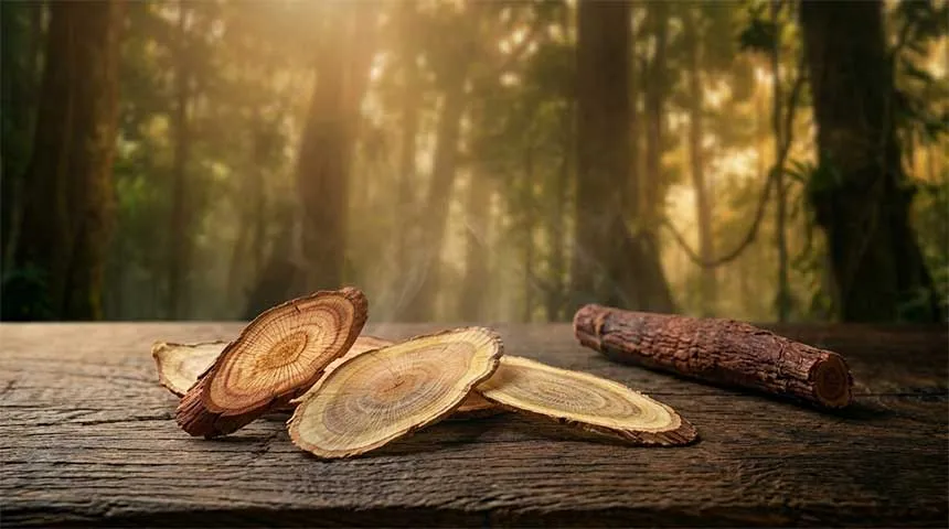 Dried wild Red Tongkat Ali root slices on weathered wood in warm golden Malaysian forest light